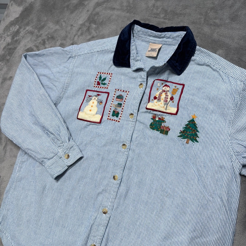 High Sierra Shirt Womens L Blue Snowman Christmas Holiday Velvet‎ Collar Striped